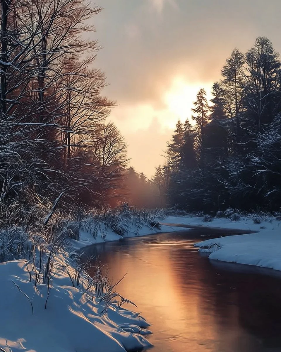 Snowy landscape photograph at sunset, 8 x 10 print for art decor