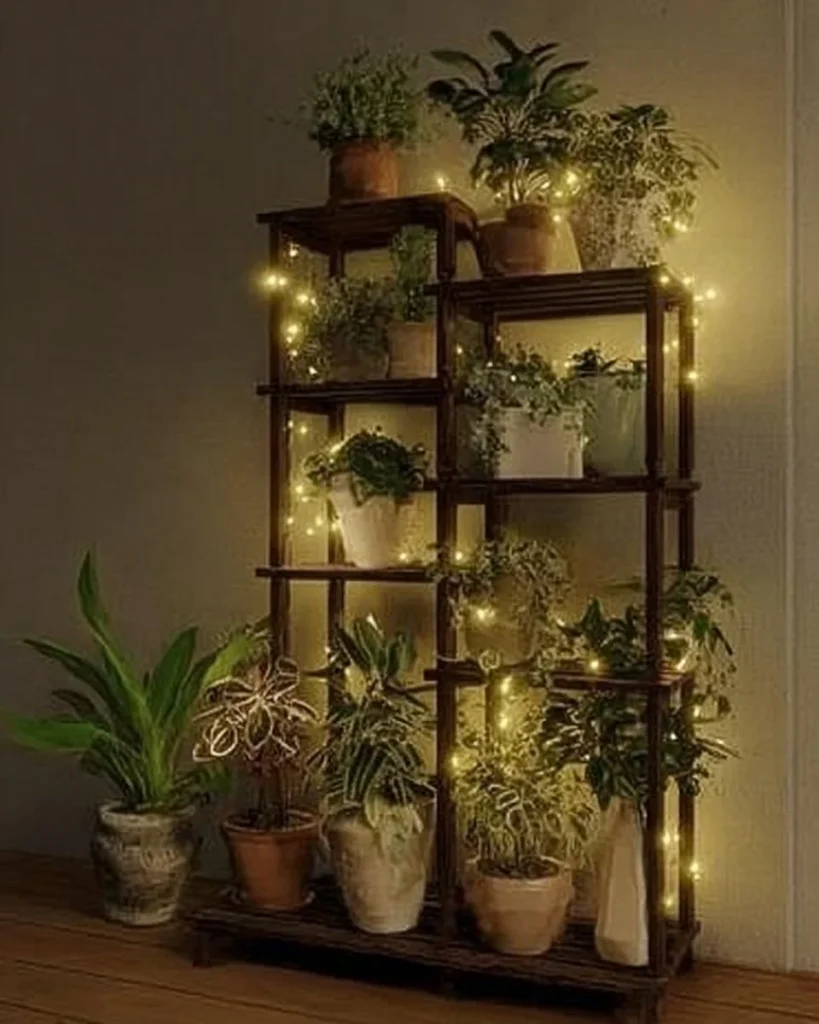 3-tier space-saving plant stand with fairy lights for 7 pots, ideal for home decor