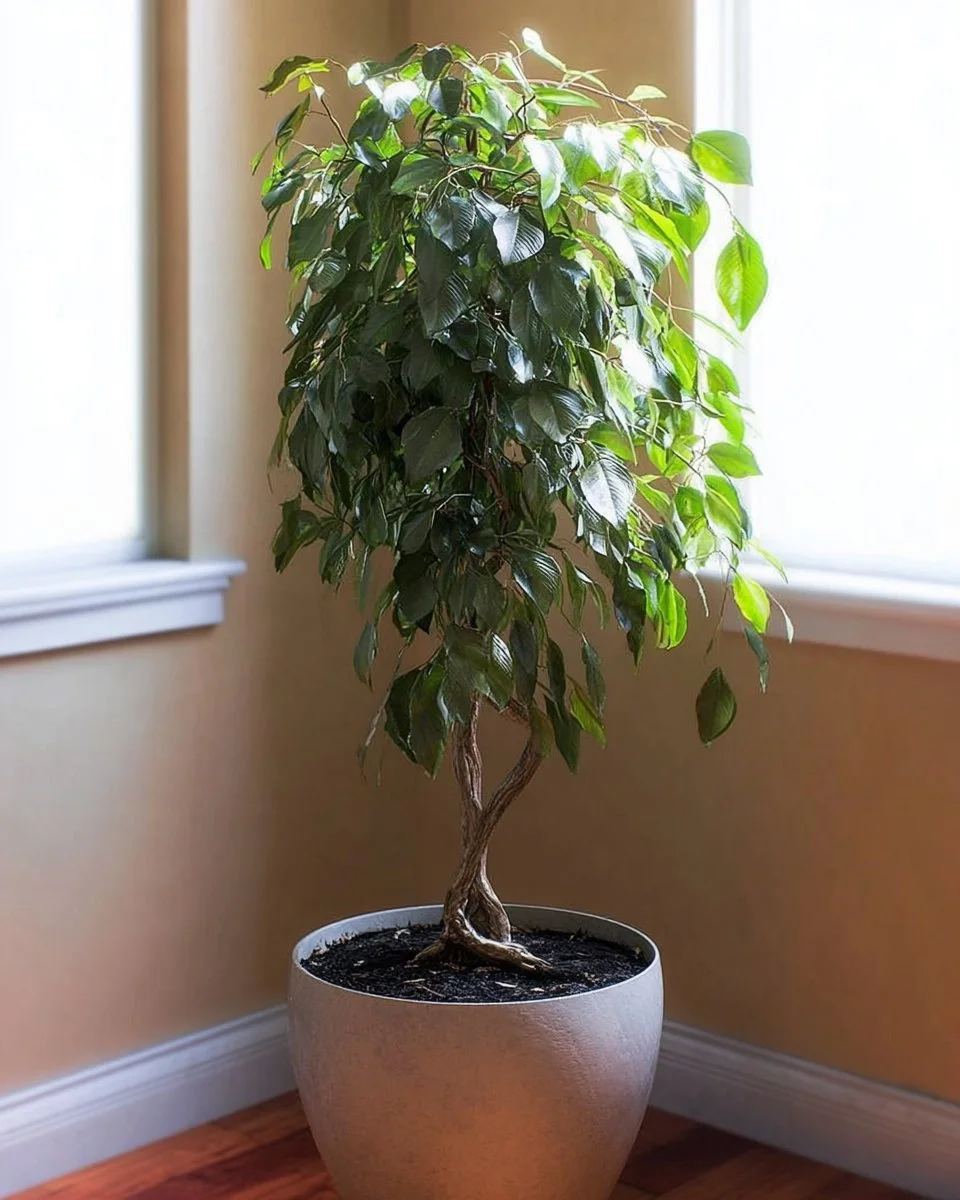 A healthy Ficus tree with lush green leaves thriving indoors.