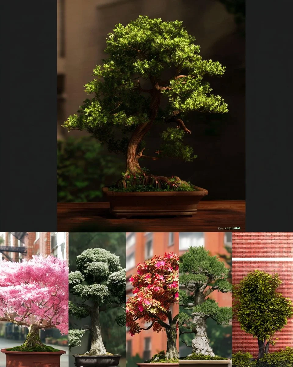Different types of bonsai trees displayed in a serene garden setting.