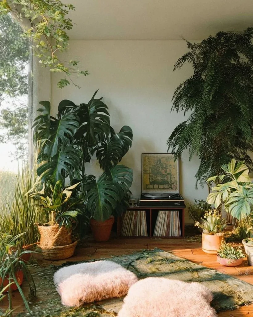 Cozy salon featuring a corner with various plantes vertes for a refreshing atmosphere
