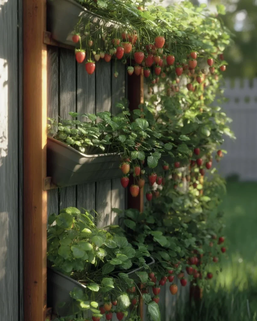 Beautiful vertical garden showcasing lush green plants and strawberries in a unique design.