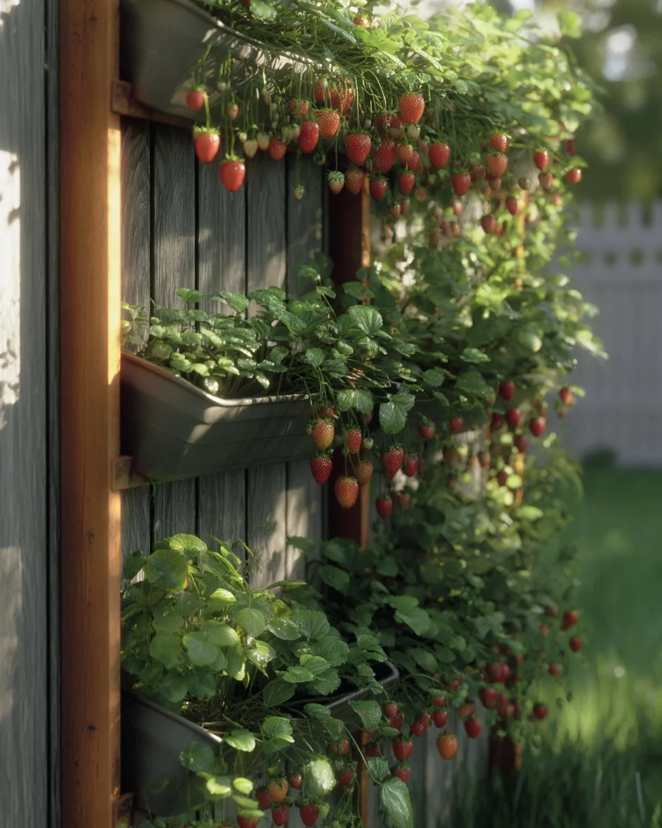 Beautiful vertical garden showcasing lush green plants and strawberries in a unique design.