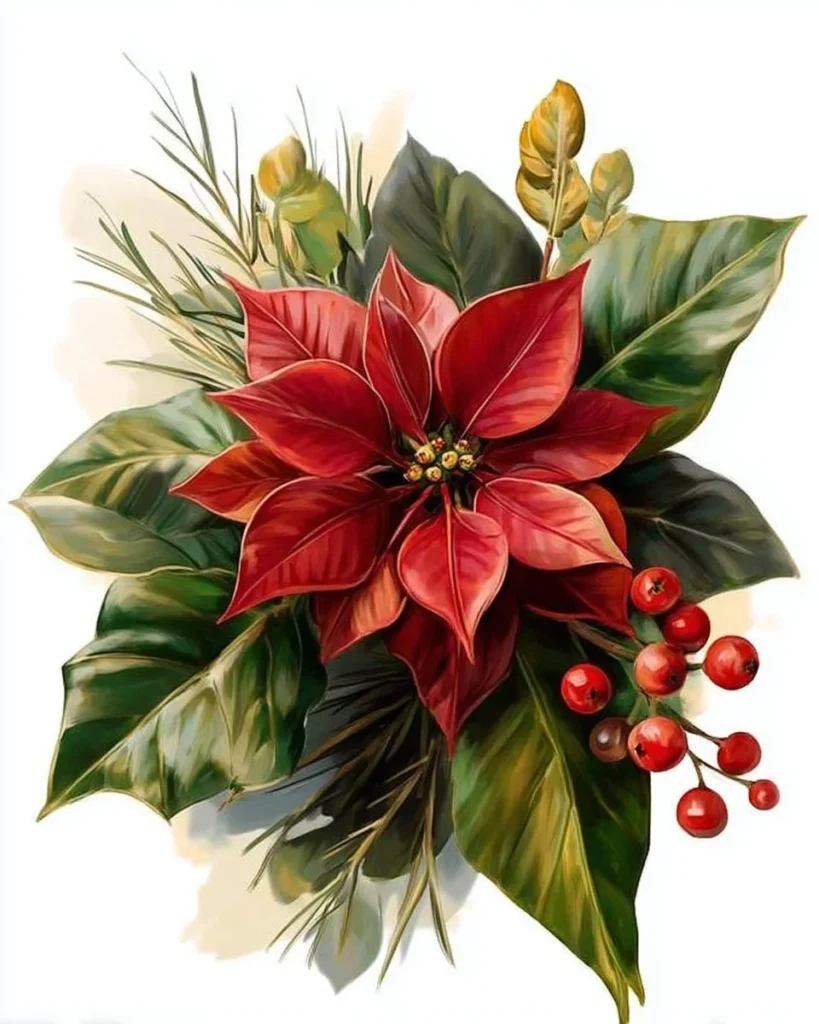 Watercolor Christmas Poinsettia clip art illustration for holiday decoration