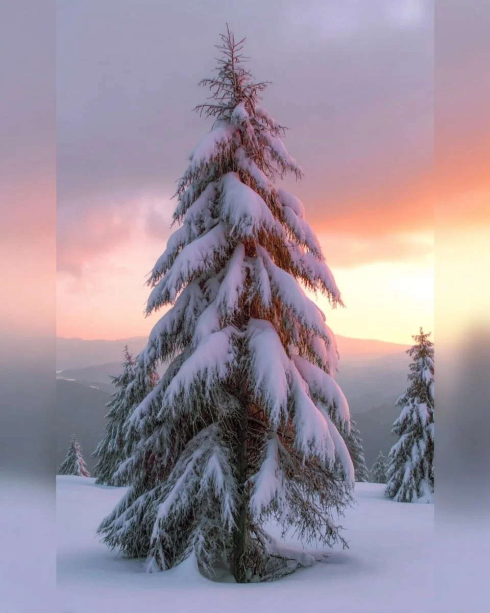 Stunning sunrise over a winter forest with snow-covered lawn and colorful sky.