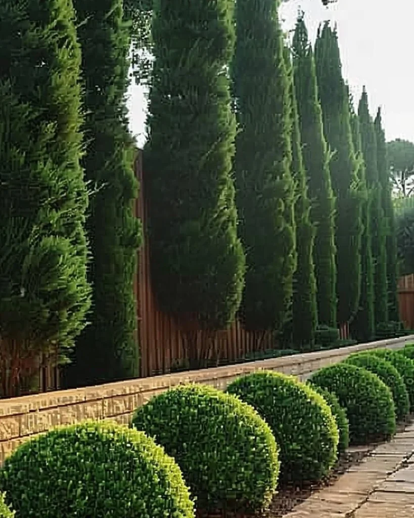 Trees planted along a fence for privacy and landscape enhancement
