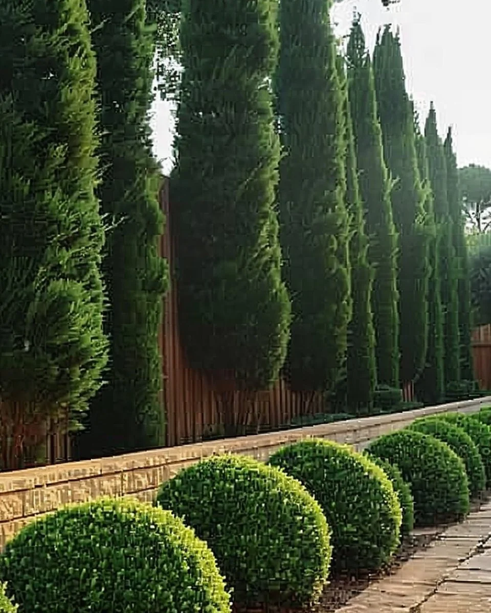 Trees planted along a fence for privacy and landscape enhancement