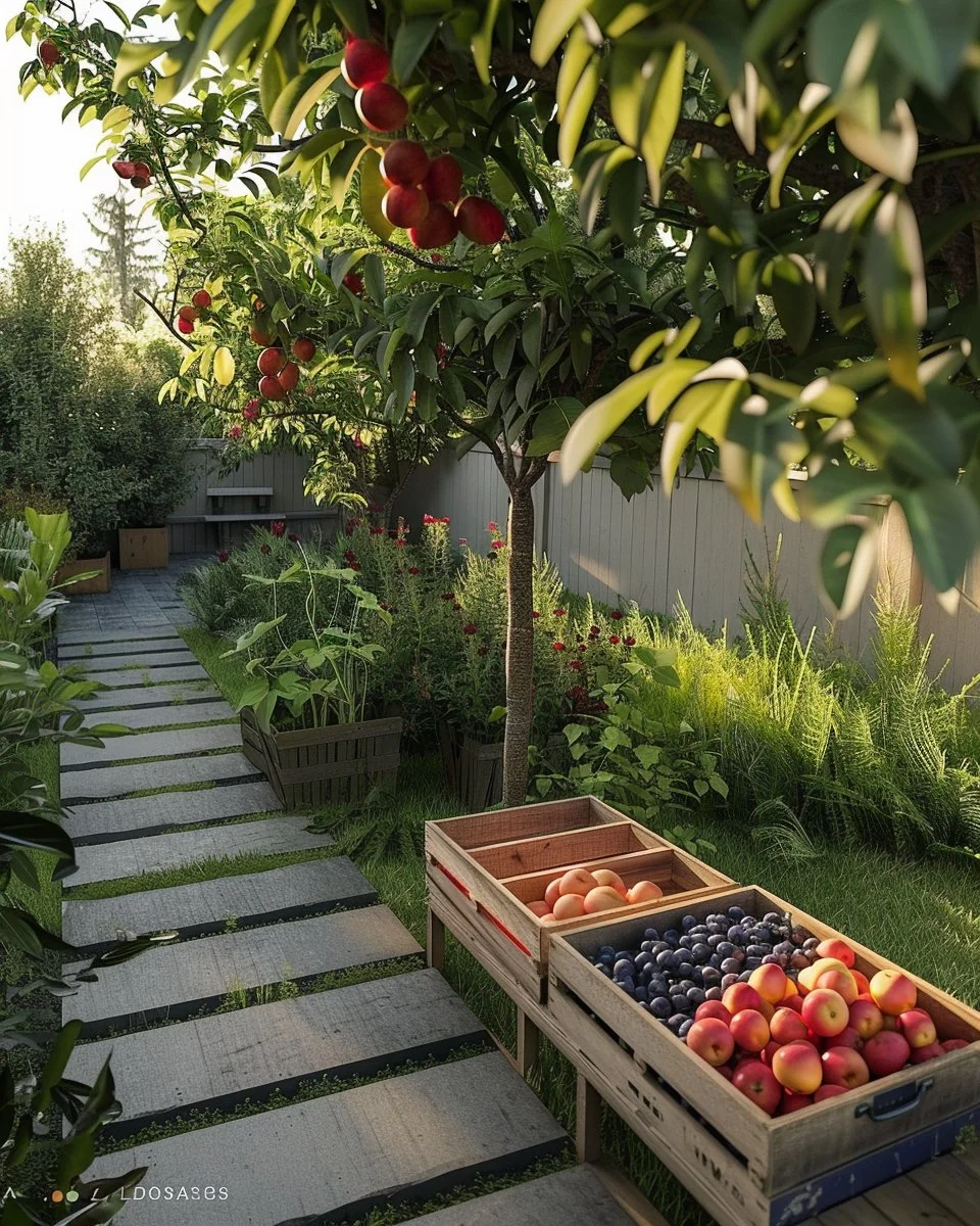 Backyard orchard with diverse fruit trees and vibrant plants enhancing garden beauty.