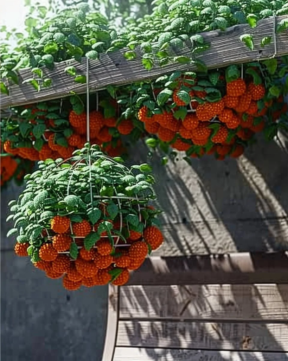 Colorful hanging baskets filled with various vegetables for gardening.