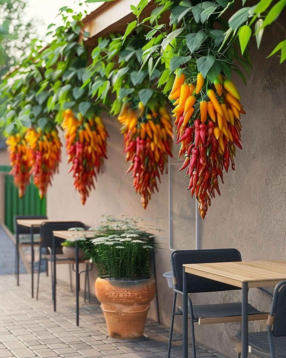 Variety of vegetables suitable for hanging baskets, showcasing vibrant colors and healthy growth.