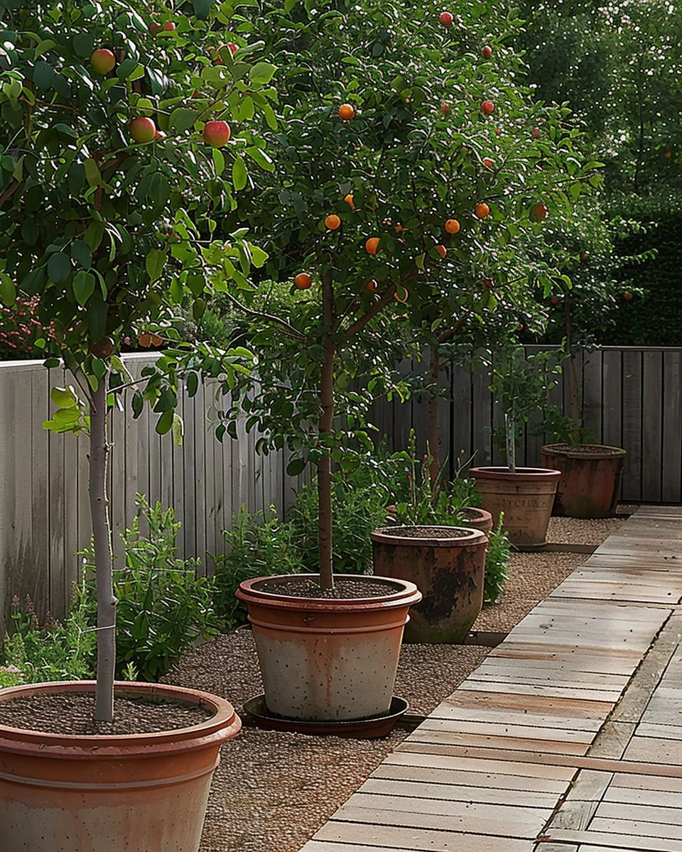 A variety of fruit trees for home orchards showcasing fresh fruits and greenery.
