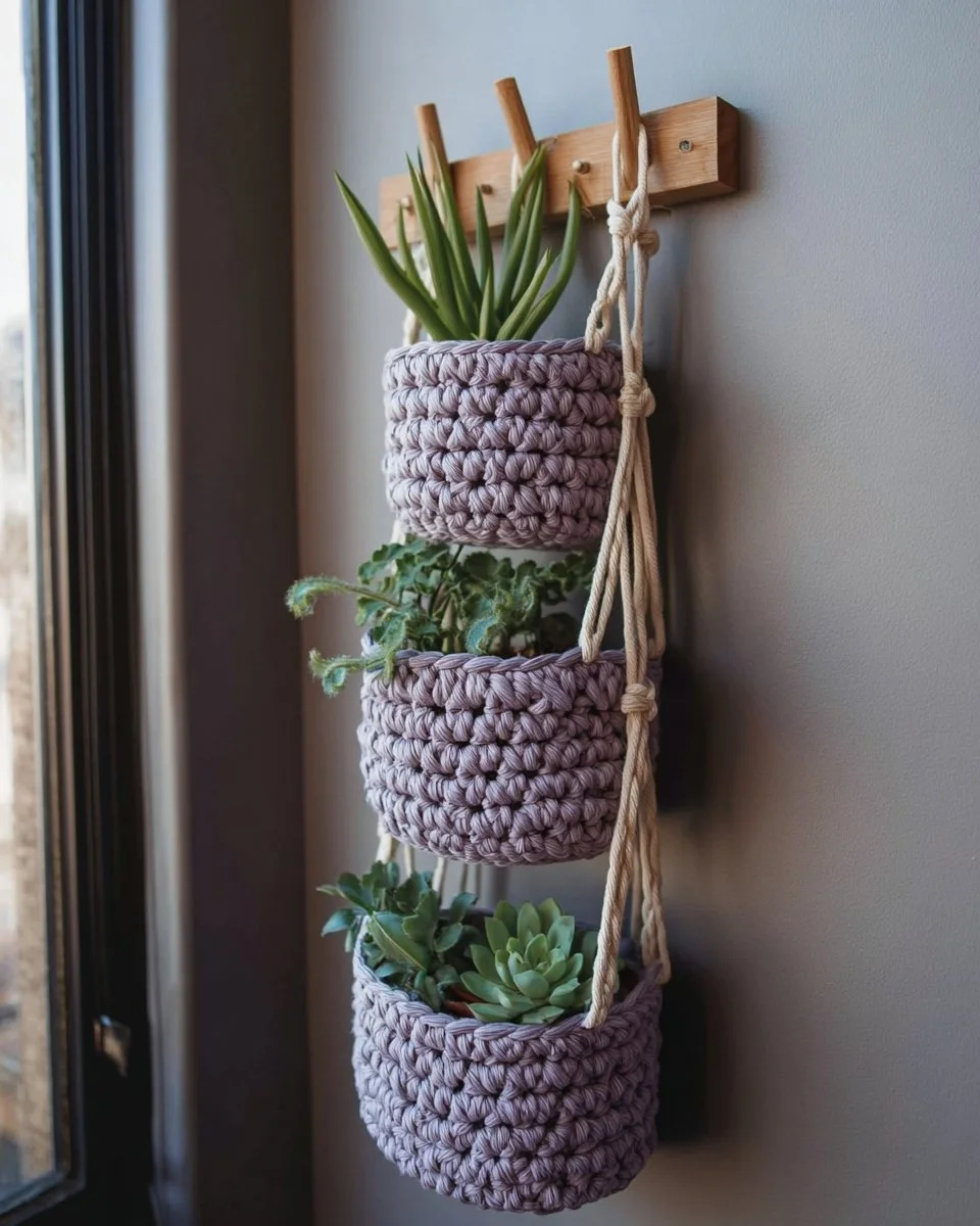 Crochet three-tier plant hangers showcasing creative indoor plant arrangements.