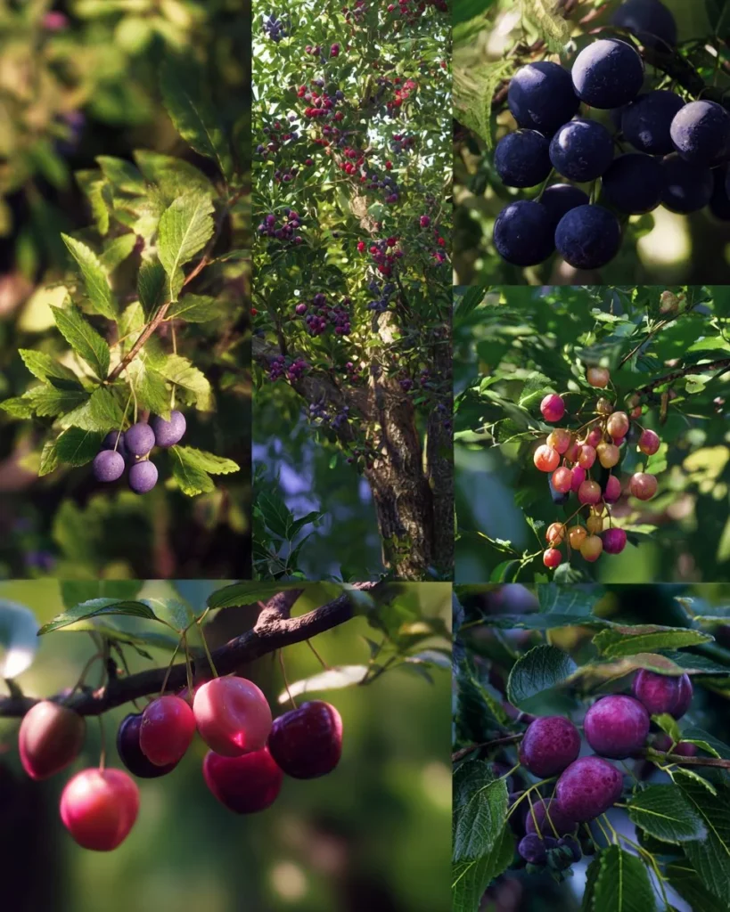 Various shaded fruit trees and berries suitable for garden planting