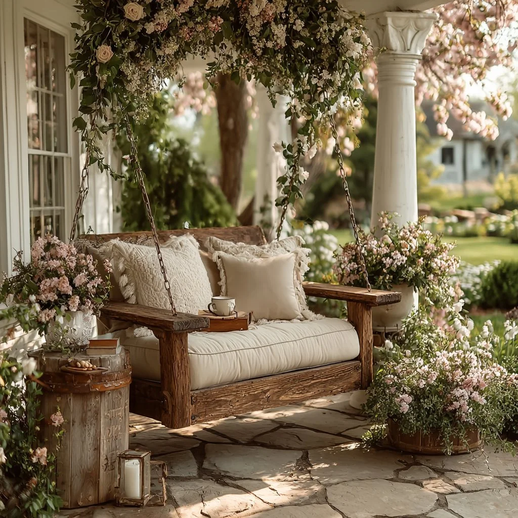 Beautiful spring farmhouse porch with seasonal decor and flowers