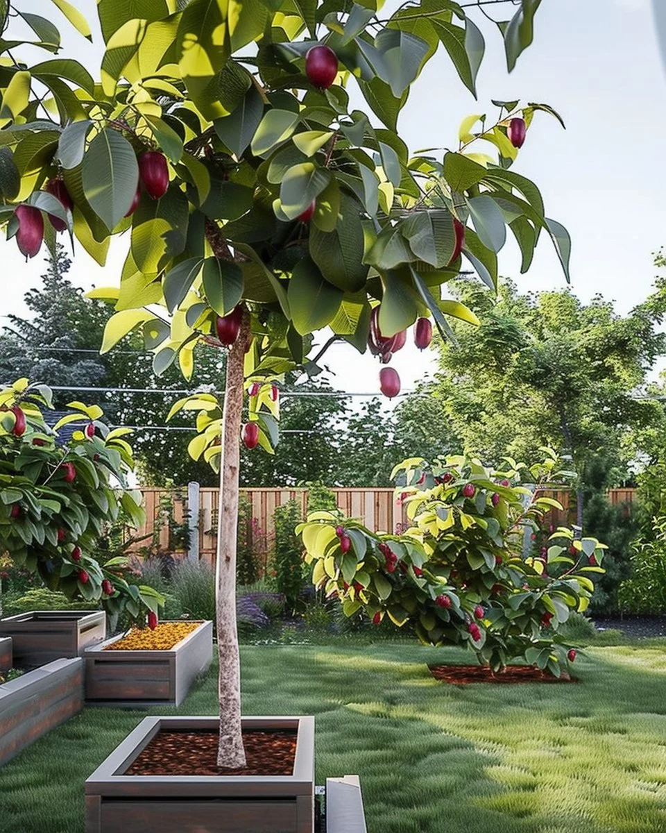 A selection of the fastest growing fruit trees in a vibrant garden setting.