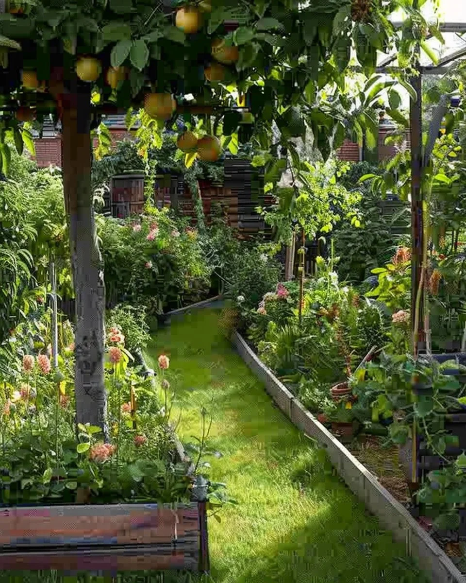 A diverse food forest with various plants growing in harmony, promoting sustainability.