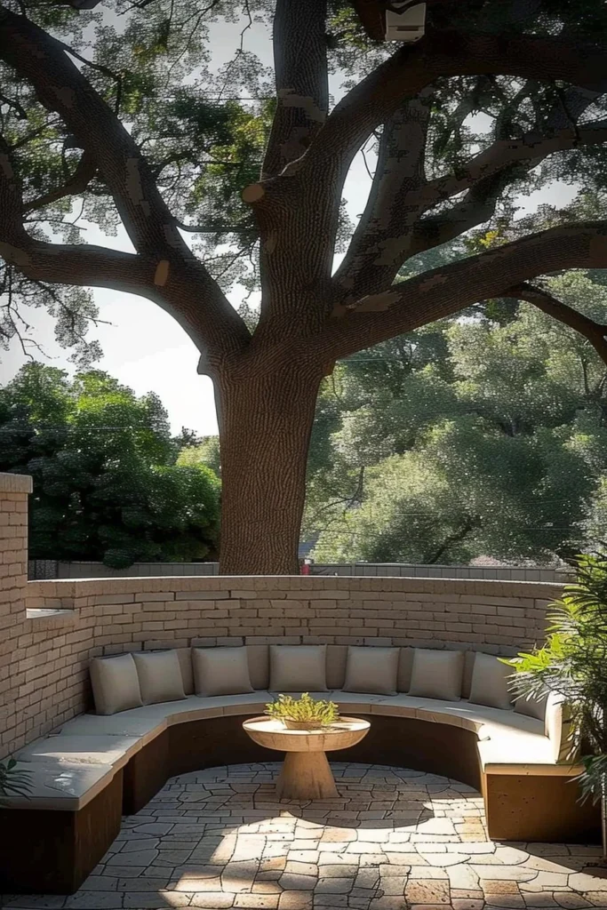 Beautiful landscaping around trees featuring stone, mulch, and flowers.