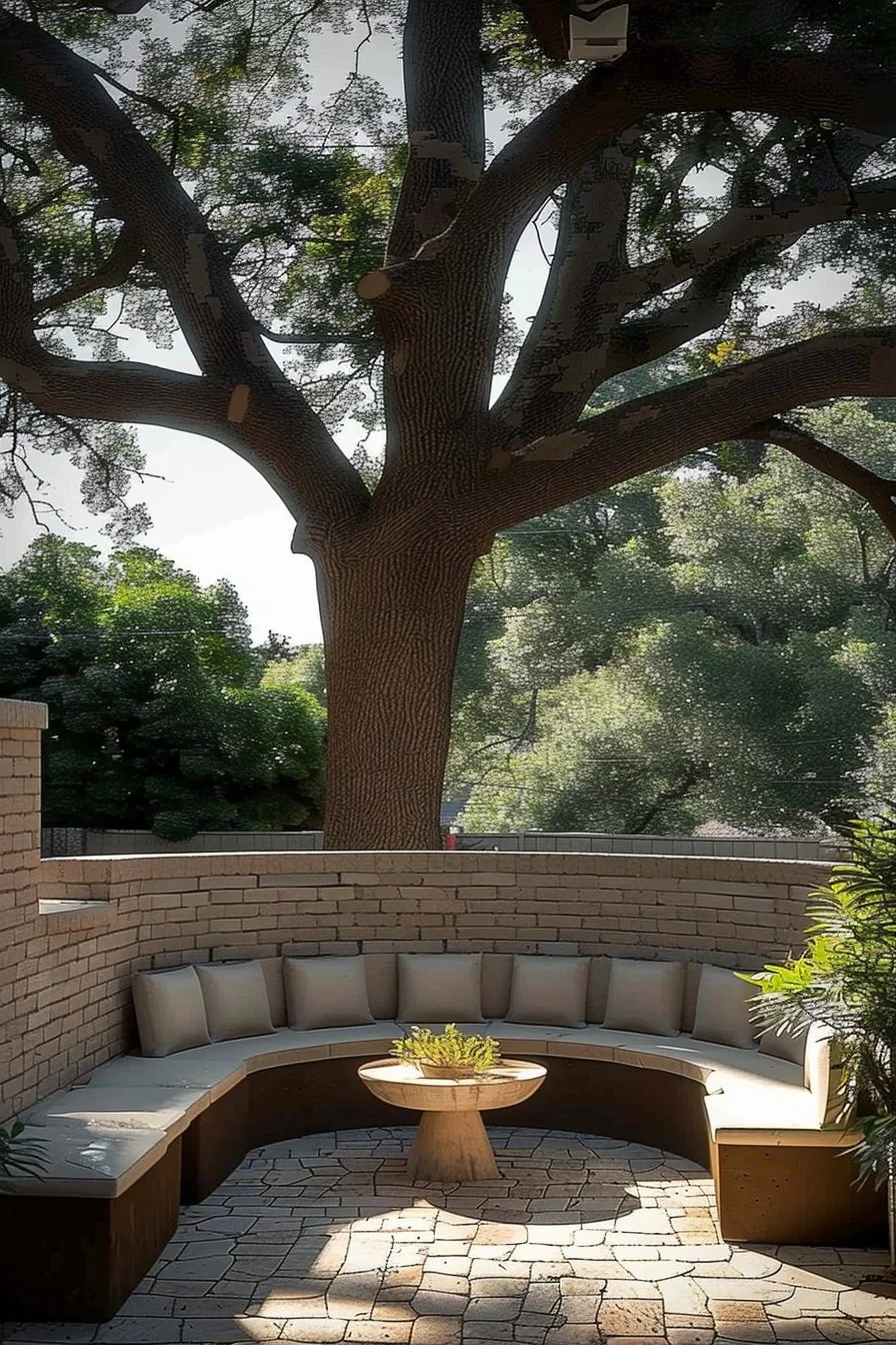 Beautiful landscaping around trees featuring stone, mulch, and flowers.