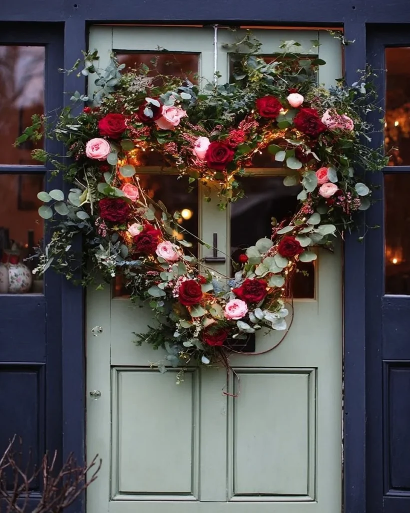 Colorful Valentine door decorations featuring hearts and love themes.