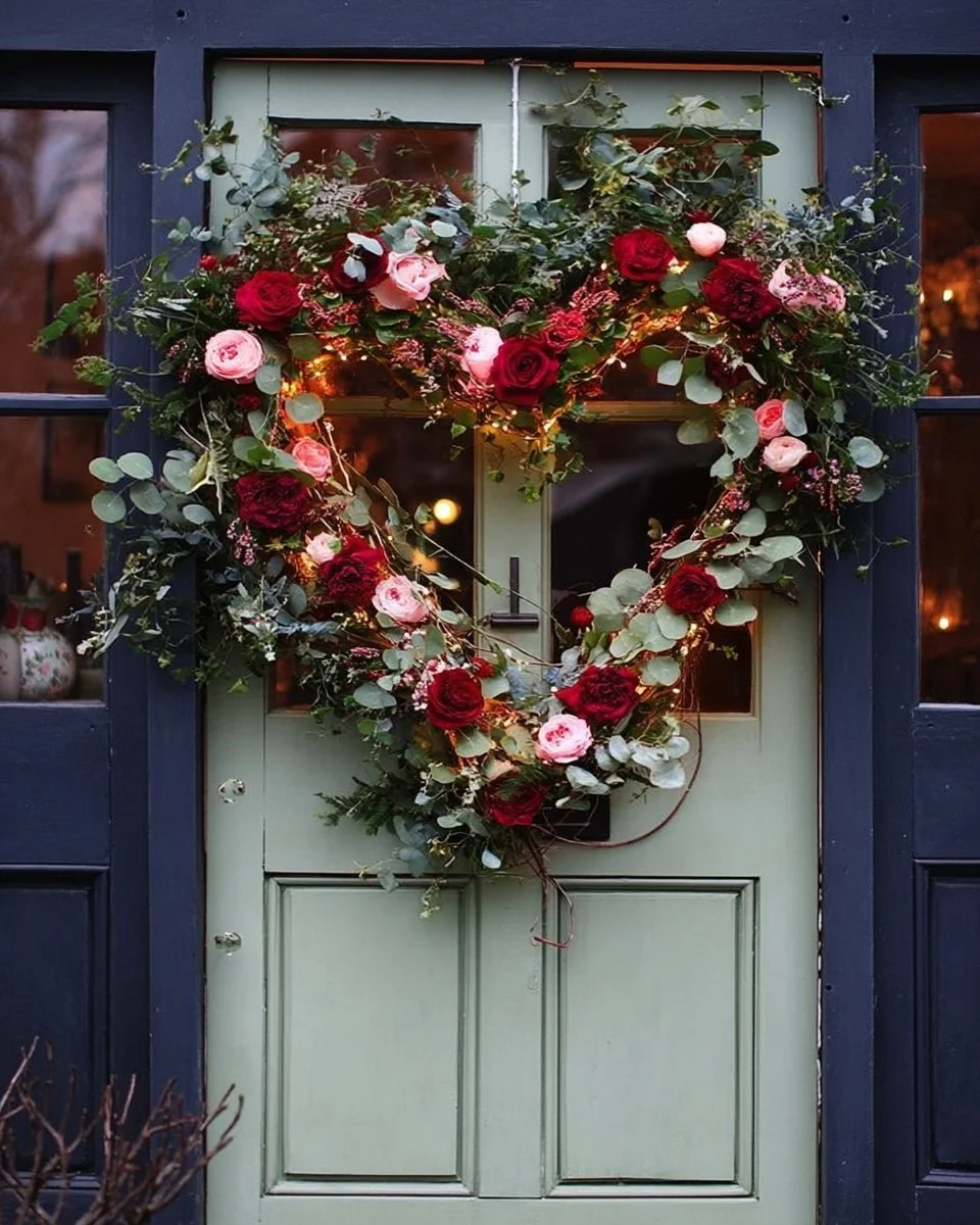 Colorful Valentine door decorations featuring hearts and love themes.