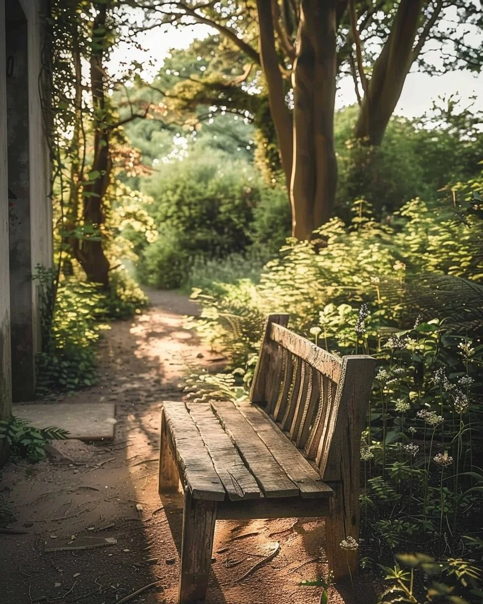 Low maintenance woodland garden layout featuring lush greenery and rustic elements.