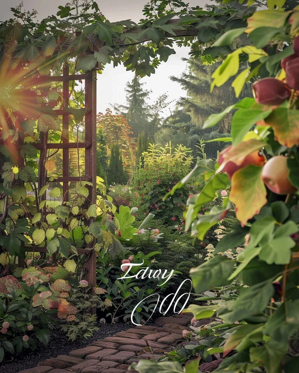 Beautiful fruit garden layout showcasing various trees and plants in a backyard design