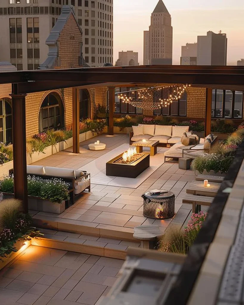 Stunning luxury rooftop terrace with elegant furniture and beautiful skyline views.