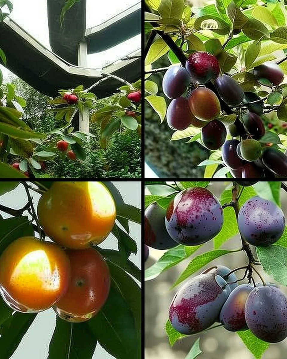 Variety of dwarf fruit trees with ripe fruits in a small garden setting