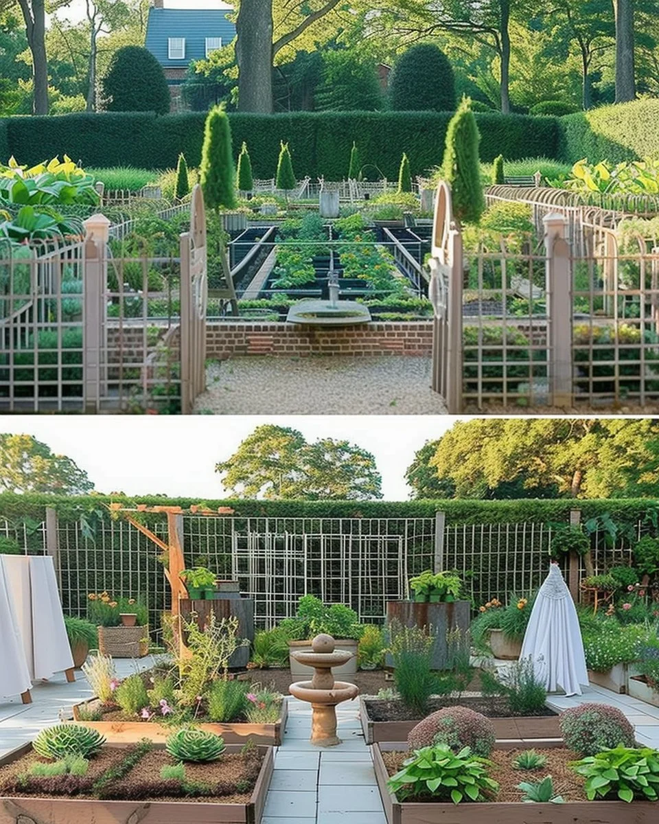 Beautifully designed vegetable garden showcasing various plant arrangements and layouts.
