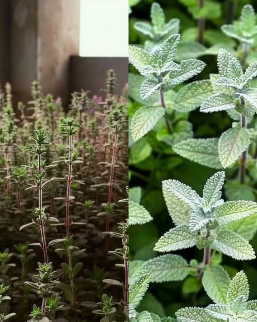 Variety of perennial herbs growing in a garden bed