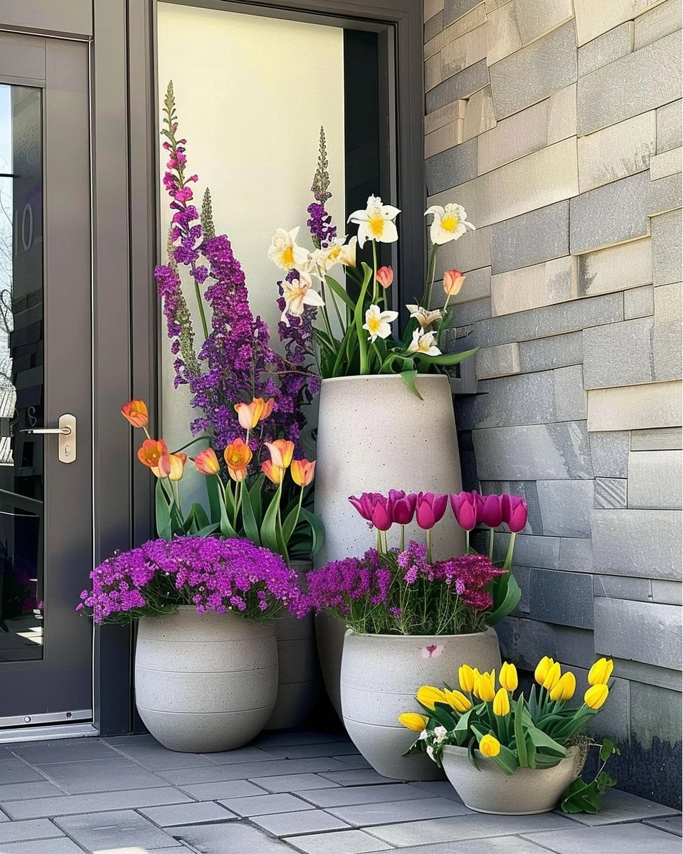 Colorful summer patio planter ideas featuring vibrant flowers and greenery.