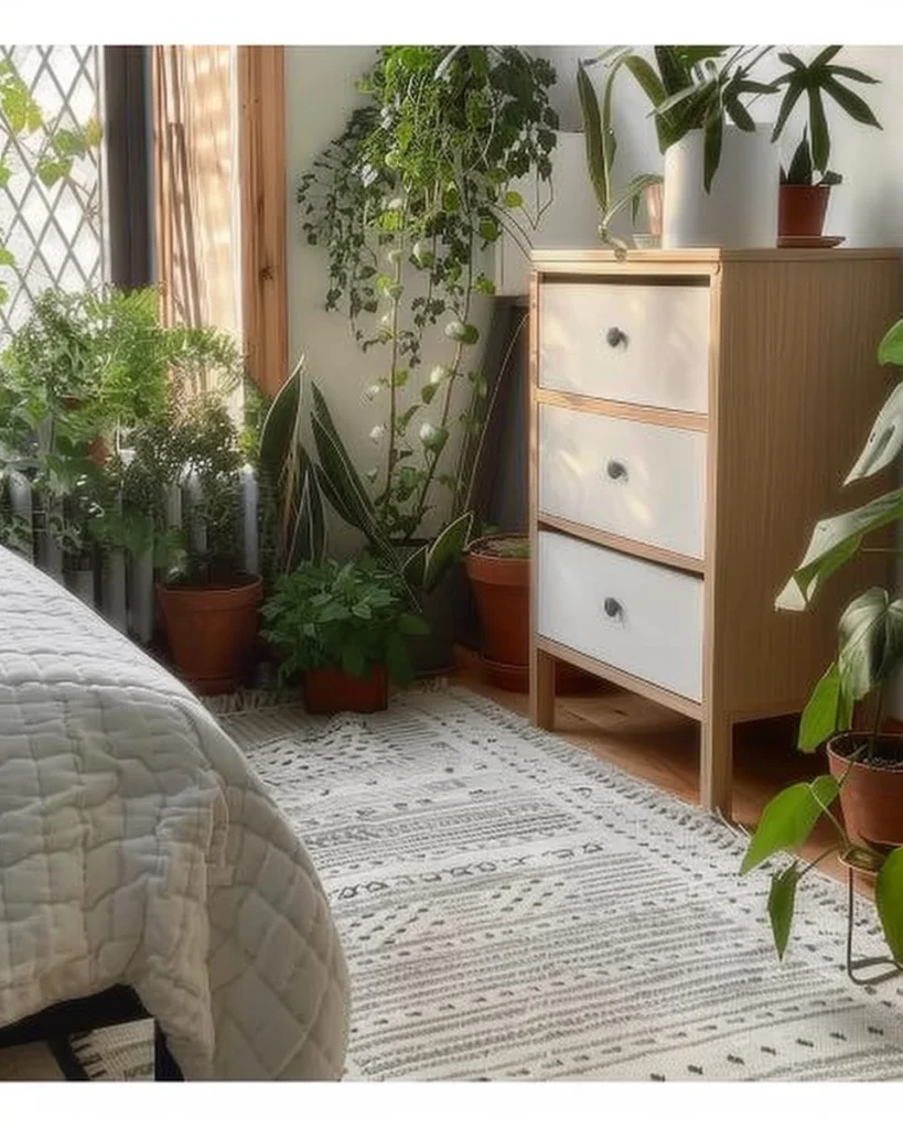 Biophilic bedroom design featuring indoor plants and natural elements