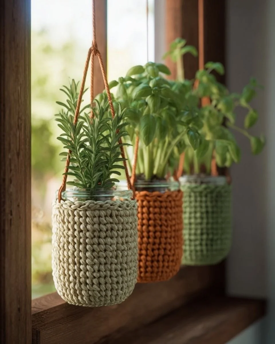 Crochet herb holders with potted plants showcasing free pattern designs.