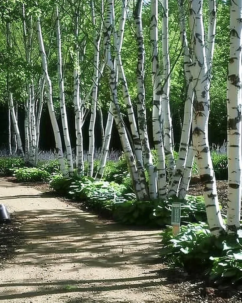 Beautiful dwarf birch trees in landscaped garden setting