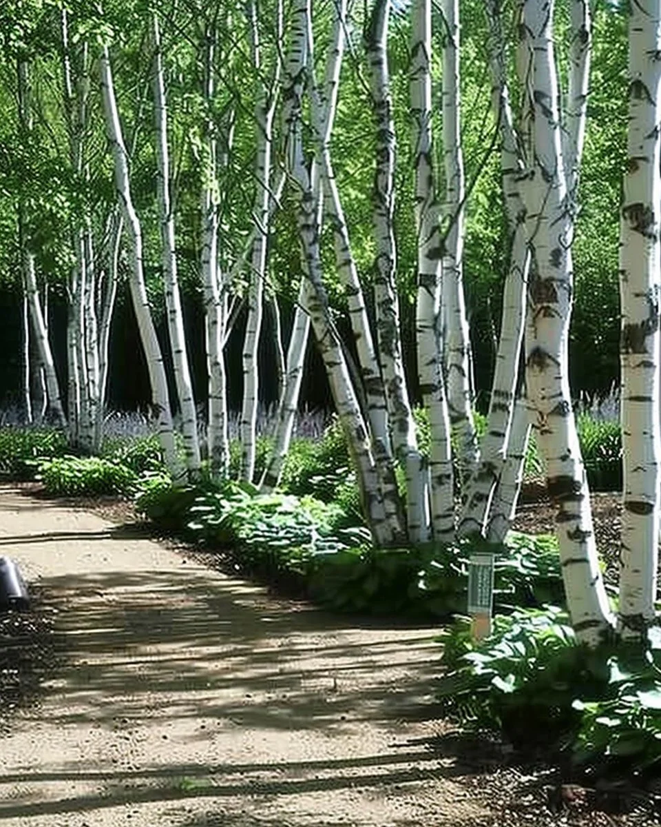 Beautiful dwarf birch trees in landscaped garden setting