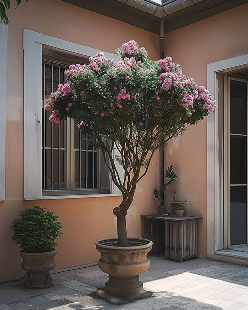 9 beautiful potted trees displayed on a stylish balcony