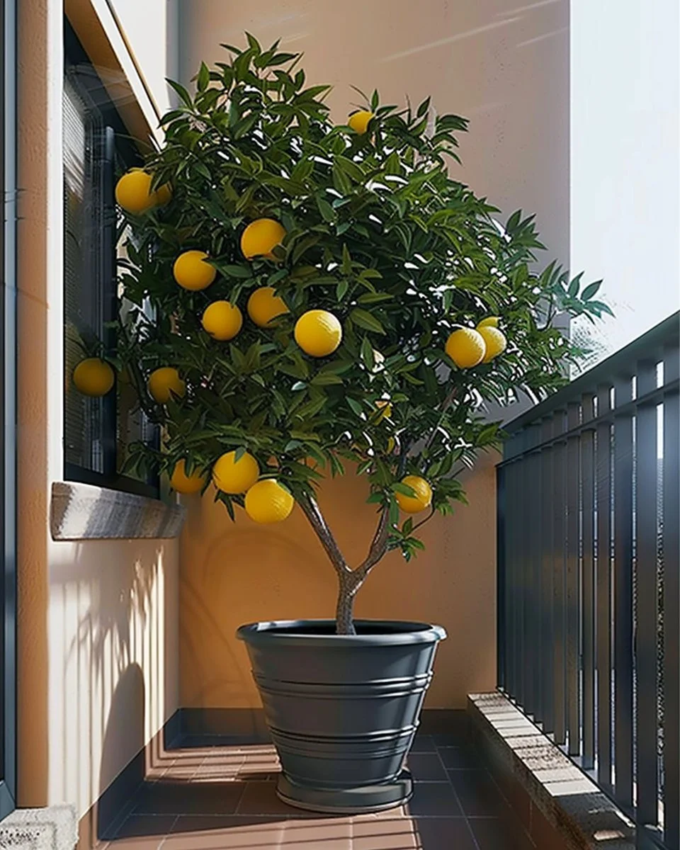 Decorative potted trees displayed beautifully on a balcony.