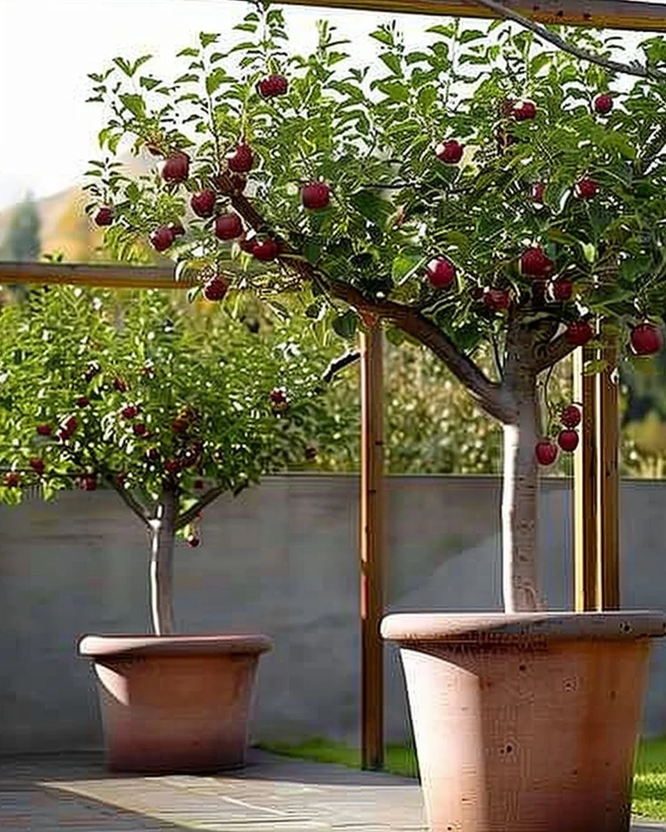 Dwarf fruit trees blooming in a small backyard garden