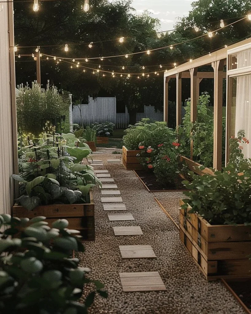Magical greenhouse garden adorned with string lights for an aesthetic ambiance.