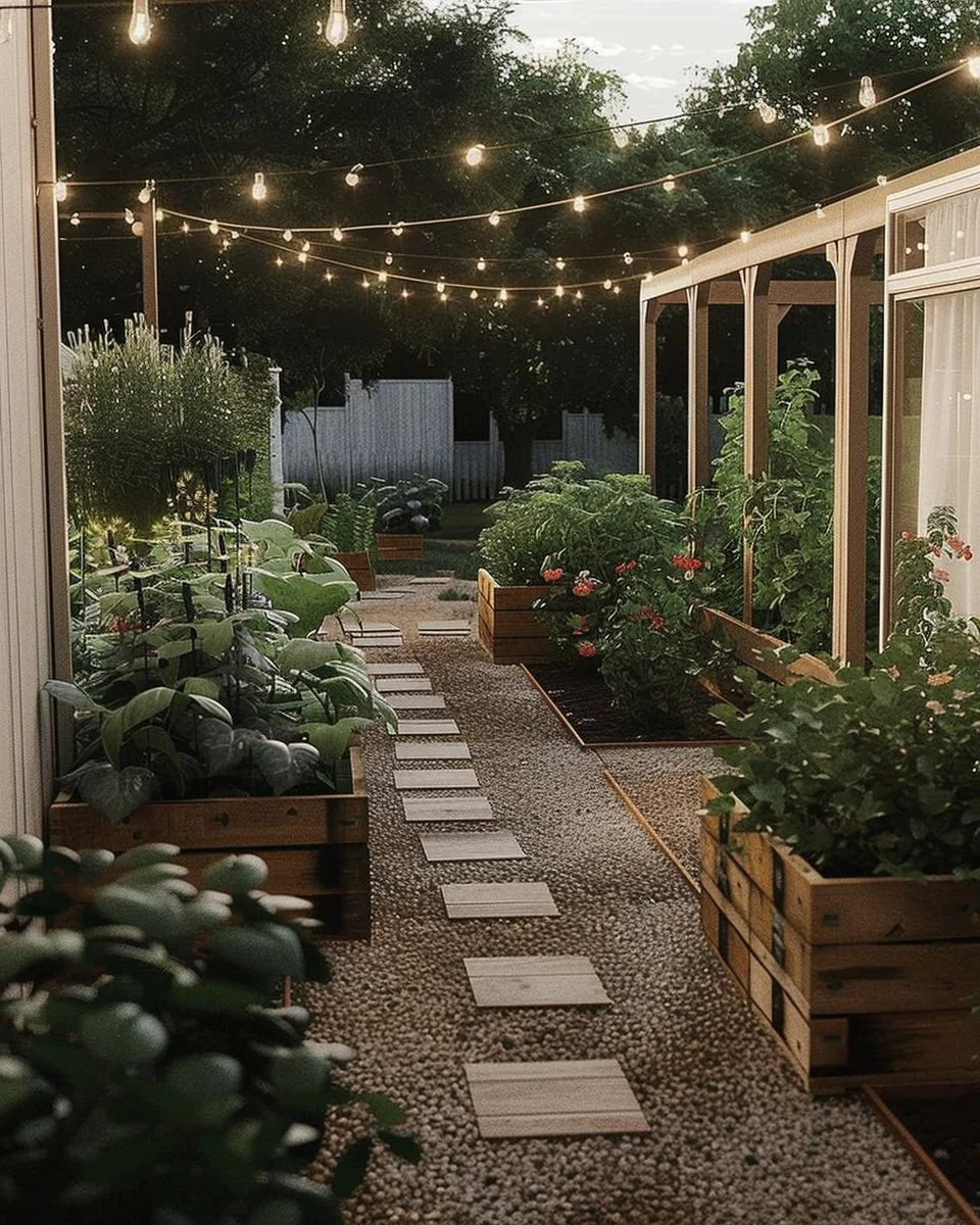 Magical greenhouse garden adorned with string lights for an aesthetic ambiance.