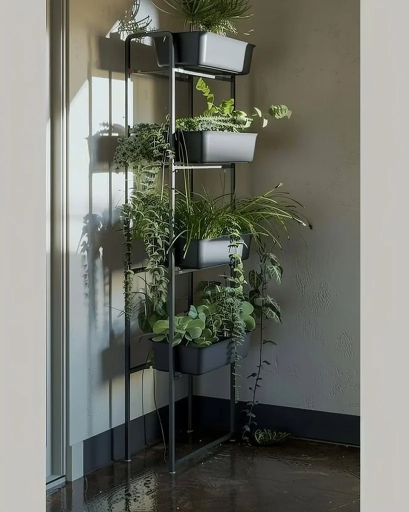 Apartment homesteading setup in a small urban space with plants and DIY projects.