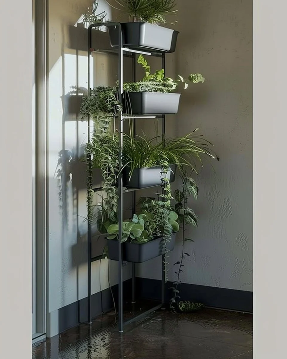 Apartment homesteading setup in a small urban space with plants and DIY projects.