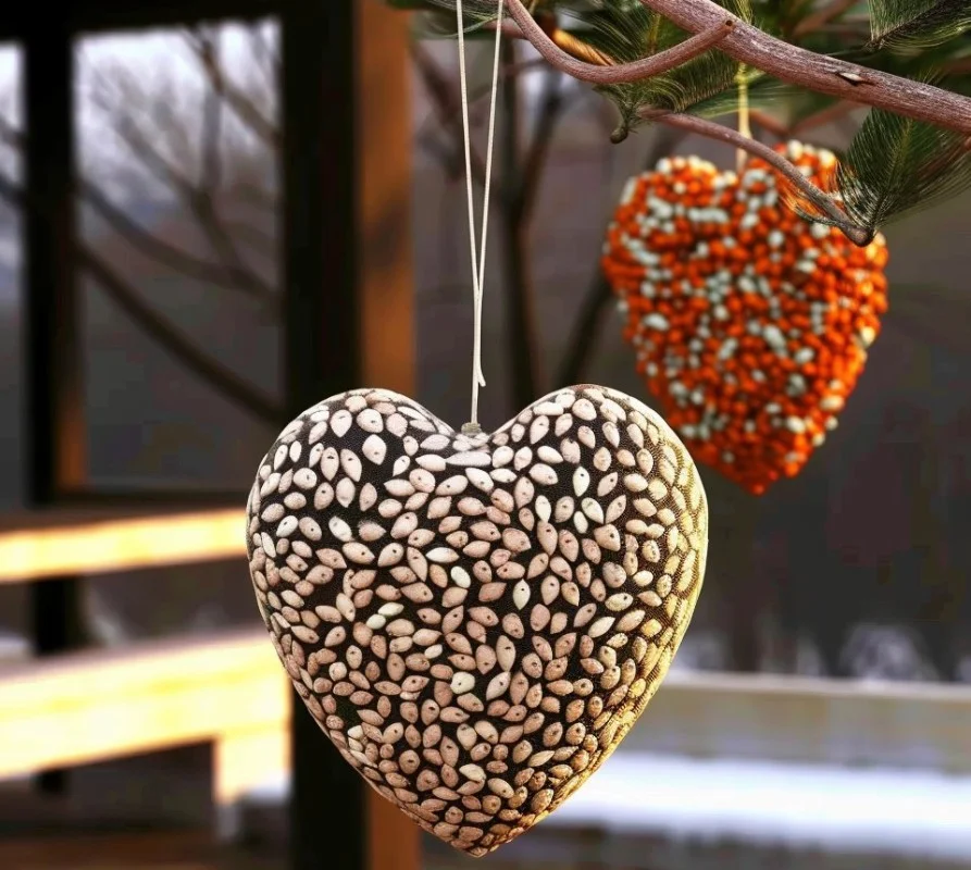 Colorful birdseed ornaments hanging in a garden, attracting wild birds.