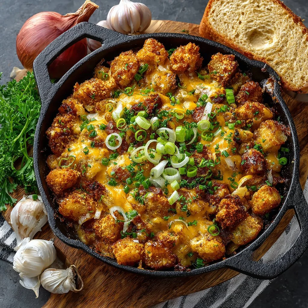 Cheesy Cajun Onion Boil dish garnished and ready to serve