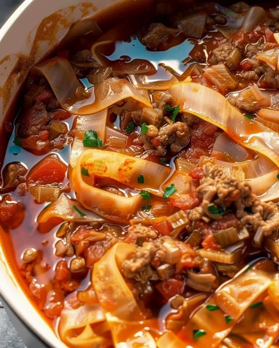 Delicious bowl of cabbage roll soup garnished with herbs