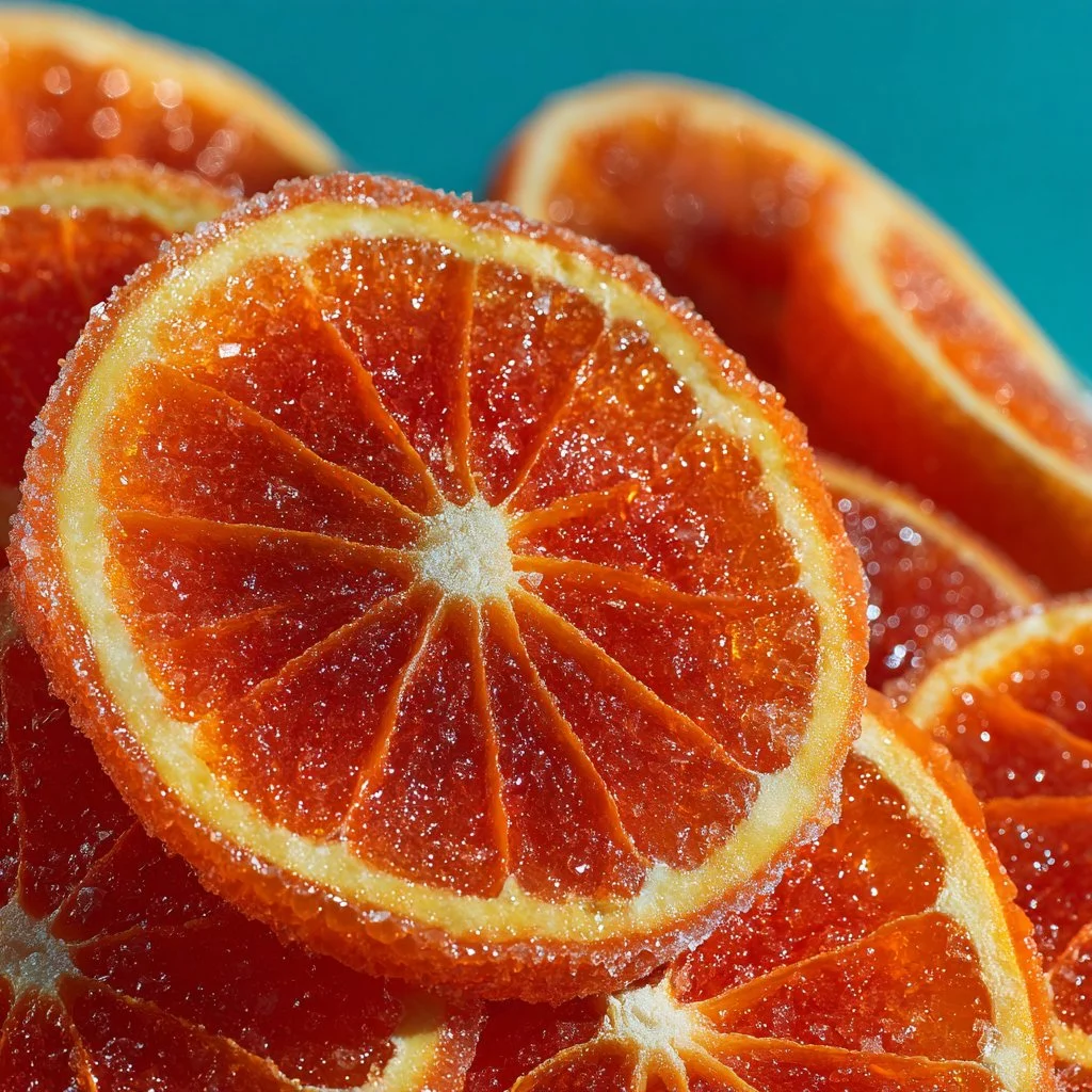 Plate of homemade candied orange slices garnished with sugar and zest.