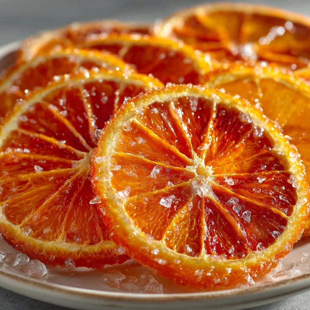 Homemade candied orange slices displayed on a white plate.