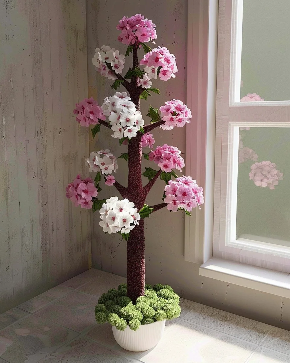Handmade crochet cherry blossom topiary tree floral decor