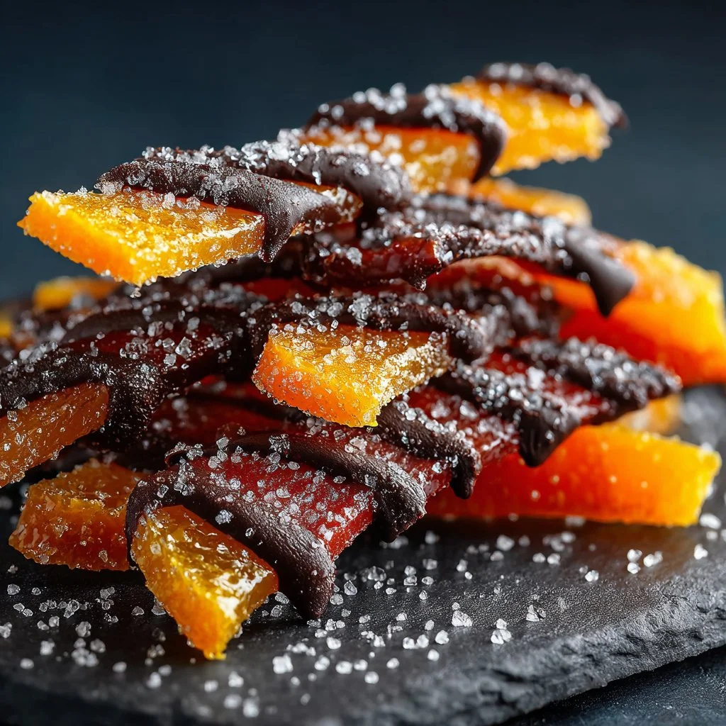 Delicious chocolate covered candied orange peels on a plate
