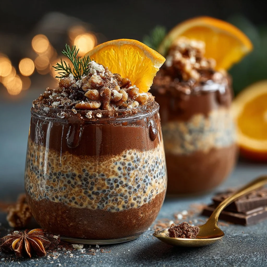 Bowl of Chocolate Orange Overnight Oats topped with chocolate and orange slices